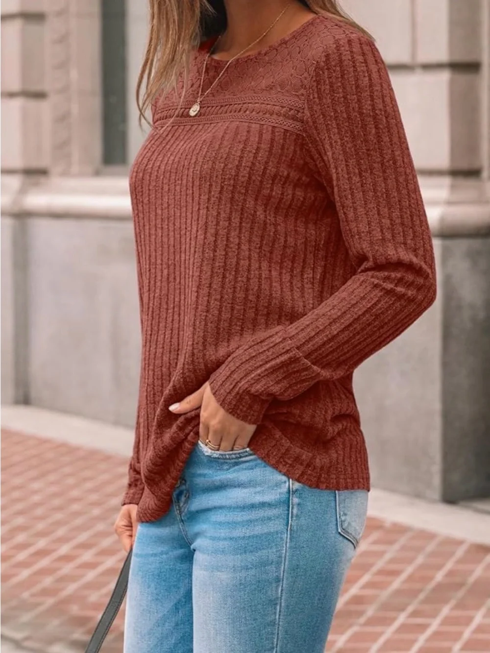 Women's Rust Ribbed Lace-Yoke Long Sleeve Top